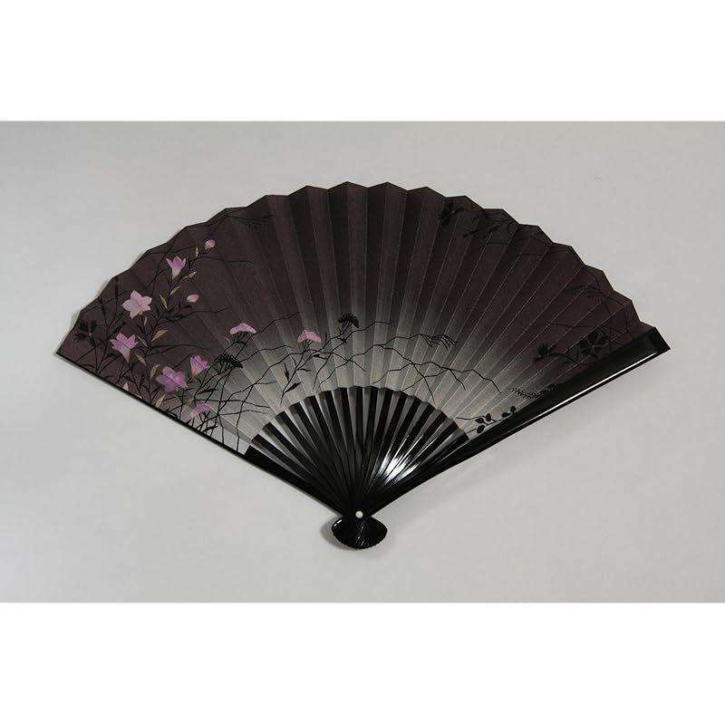 Used [New] [Hasegawa] Kyoto fan "Kikyou" double-sided pattern, handmade by Kyoto craftsmen, black fan, embroidered, fan bag included, paper box 1