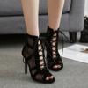 Women's Black Net Cross Strap Sandals Large Fish Mouth High Heel Sandals