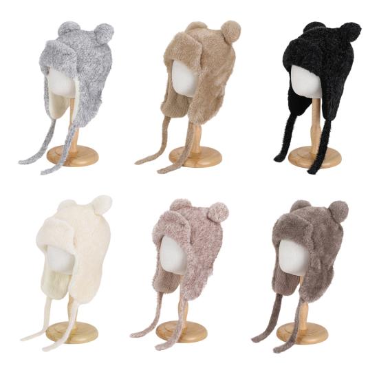 Детская шапка с ветрозащитной веревкой, мультяшная форма медведя, мягкий плюшевый подклад, эластичная теплая шапка, зимний головной убор для мальчиков и девочек