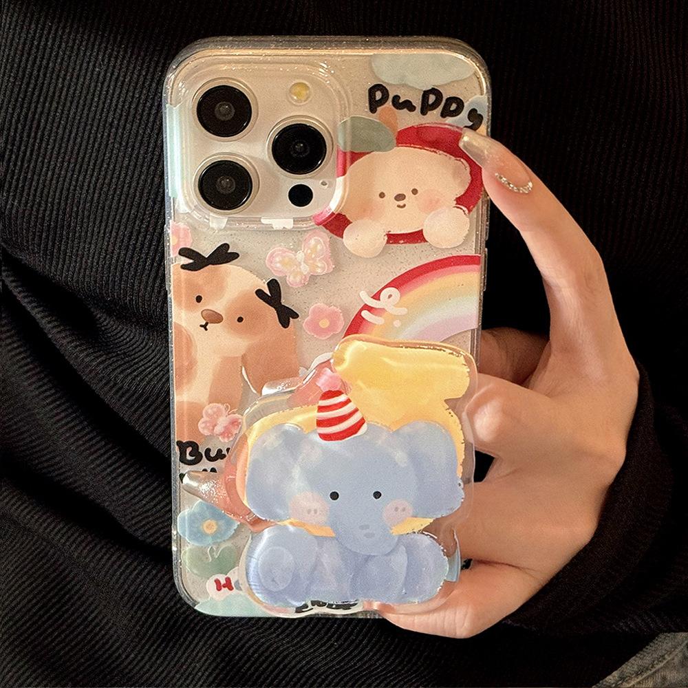 Cartoon Doodle Elephant Stand Apple 16 Mobile Phone Case 14 Glitter Powder Iphone15promax Suitable for 11 Original 12