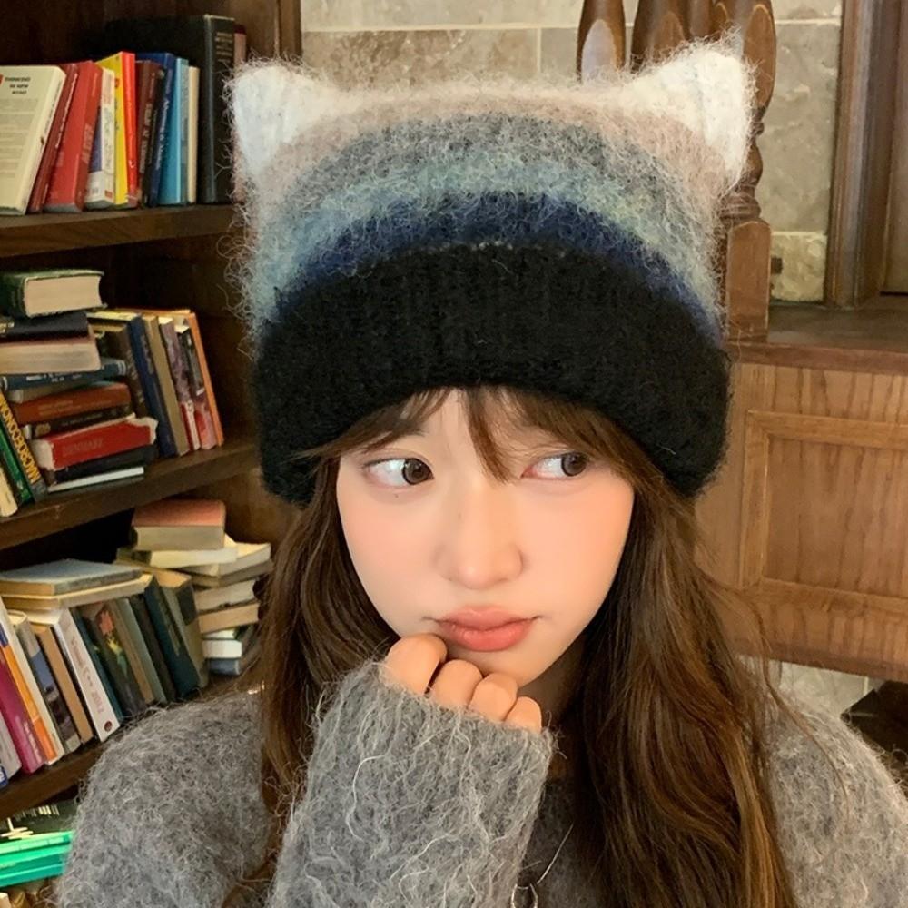 Rainbow Cat Ears Pullover Hat Colored Woolen Knitted Hat Cute Striped Bucket Hat  Girls