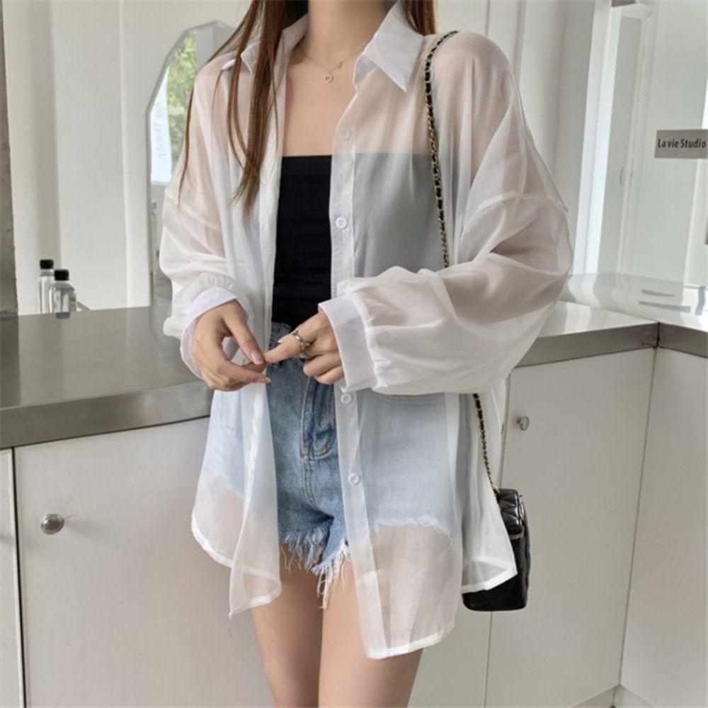 Chiffon Women Shirt Blouse Solid Color Female Loose Cardigan Casual Long Sleeve Top