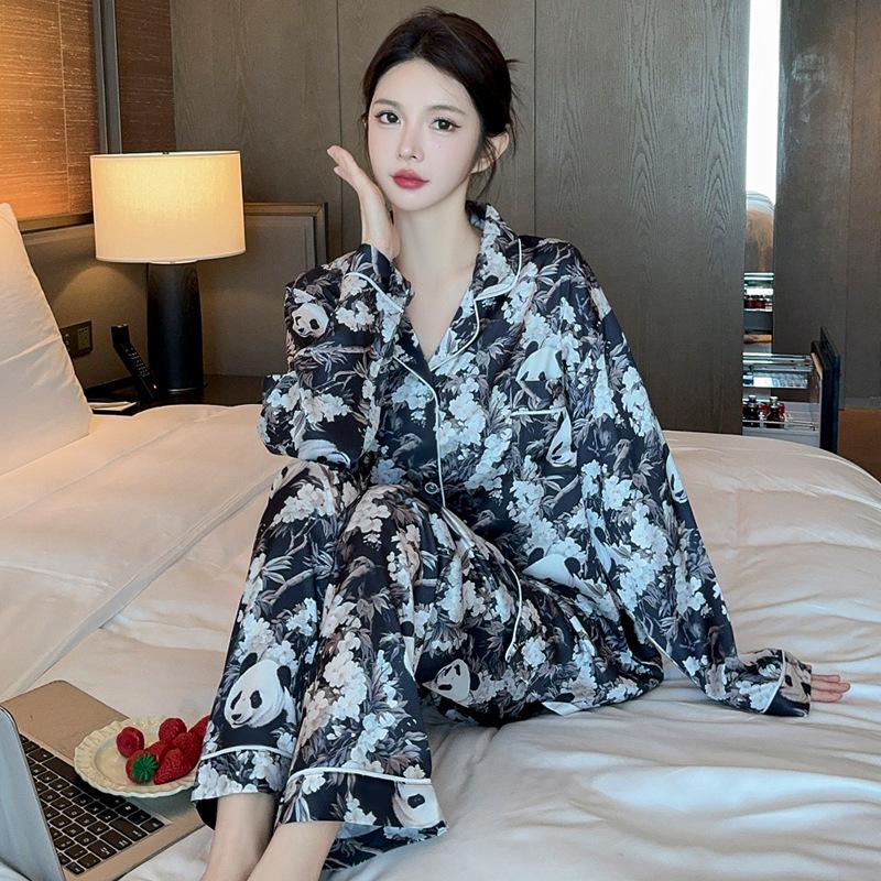 Женская новая пижама Ice Silk Senior Sense, комплект домашней одежды для девочек, темпераментная ретро-мультяшная повседневная пижама с длинными рукавами, комплект домашней одежды