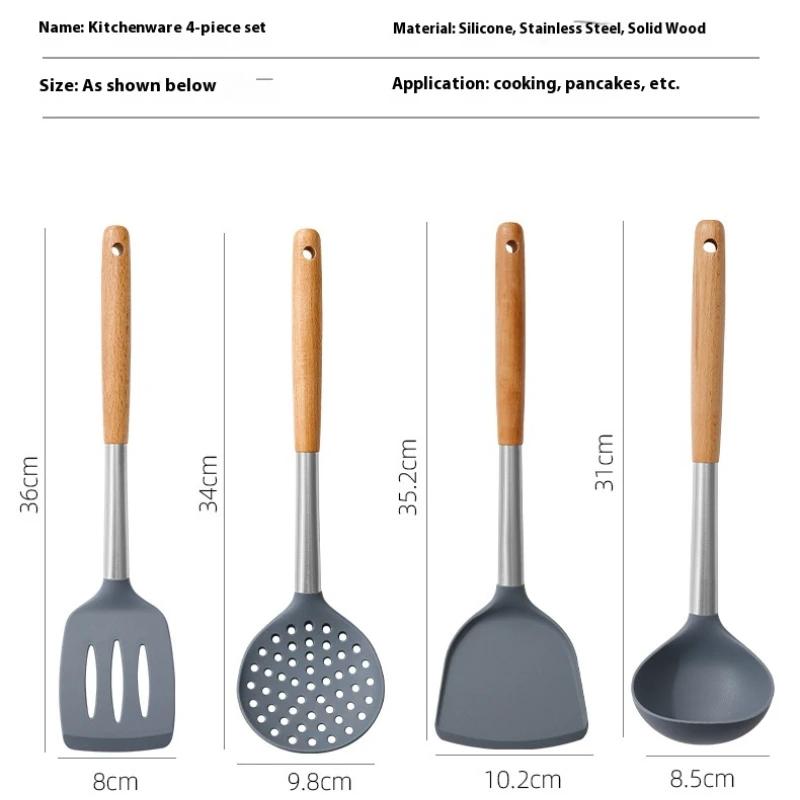 4 шт. силиконовая посуда для приготовления пищи, набор из нержавеющей стали, кастрюля с антипригарным покрытием, протекающая ложка, лопатки, суповые ложки с деревянной ручкой, кухонные принадлежности