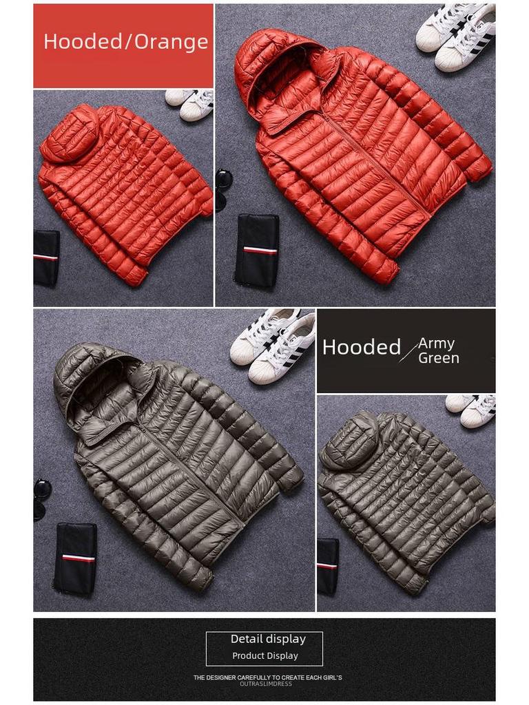 Мужская куртка из хлопка с капюшоном и перьями — популярное легкое и тонкое зимнее пальто, короткий фасон, воротник-стойка, большие размеры.