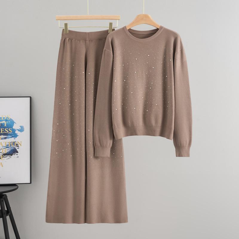 Autumn and Winter Gypsy Stars Hot Diamond Round Neck Pullover Long Sleeve Knitted Sweater Loose Knitting Two-piece Set Women