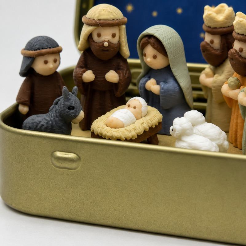 Pocket Mini Nativity Figurine Set with Metal Box, Portable Christian Desktop Christmas Ornament Souvenir
