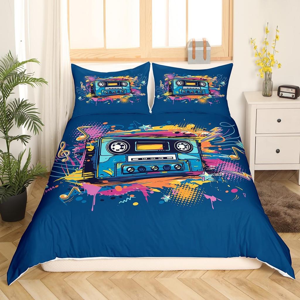 Cartoon Black Record Duvet Cover Set Retro Record Comforter Cover for Boy Girl Music Theme Bedding Set Queen King Duvet Covers