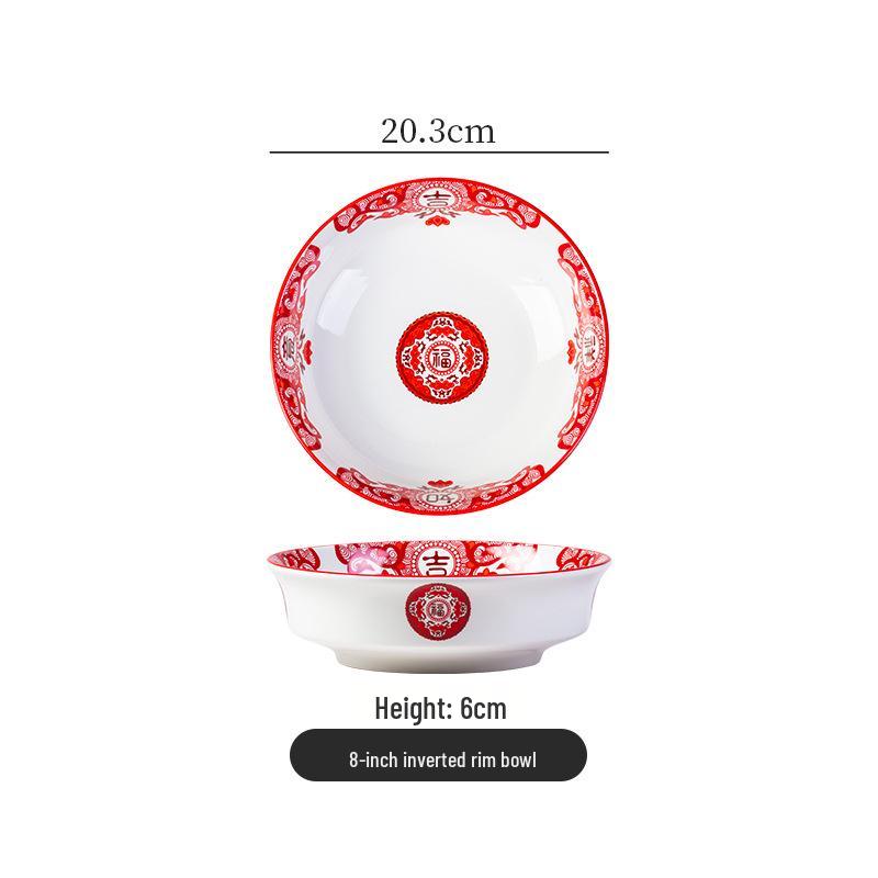 Retro Ceramic Soup & Noodle Bowl Set: Stir-fried Pork Bowl, Good Luck Stir-fry Plate, Snack Plate, Kitchen Utensils