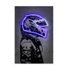 Retro Neon Light Effect Motorcycle Helmet Poster Print Canvas Painting Graffiti Art Wall Picture for Bar Room Home Decor NO LED