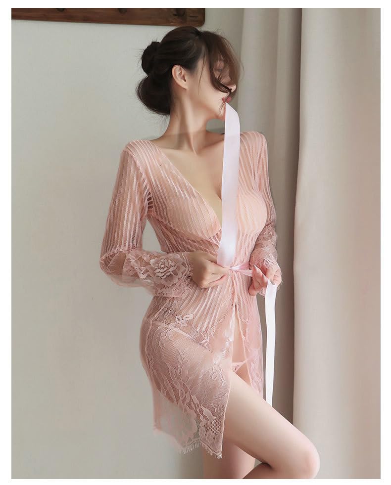 Babydoll Nightgown Sexy Popular Slip Mesh Lace Lingerie Summer [Pure Seek] Women's See-Through (Pink)