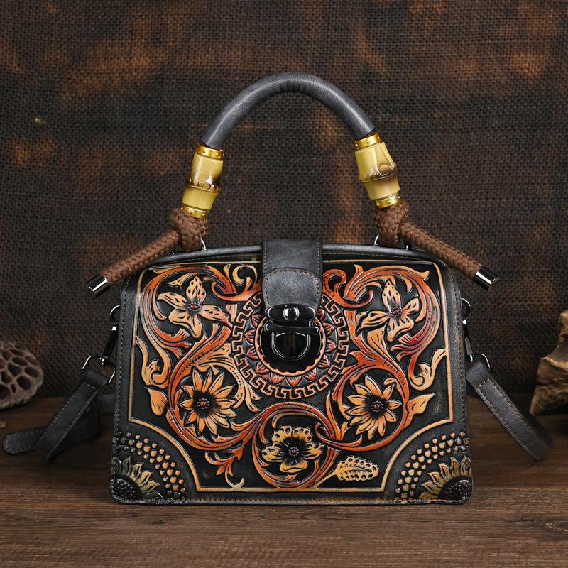 Vintage Luxury Handbag Handmade Leather Carved Women Bag Versatile Female Shoulder & Crossbody Bags