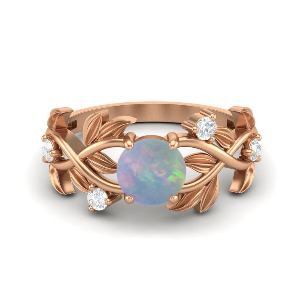 6MM Round Opal Gemstone 925 Sterling Silver Rose Plated Solitaire Ring