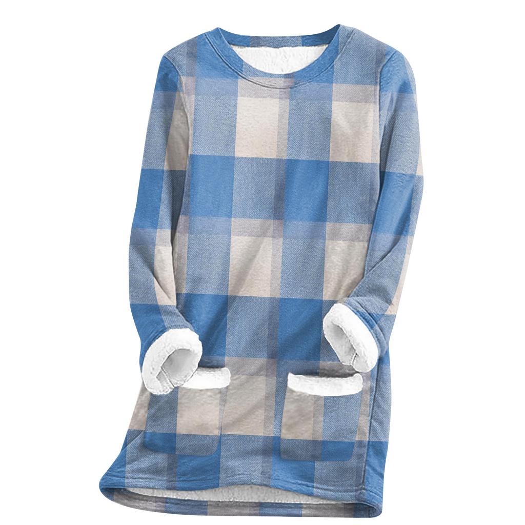 Women's Fashion Plaid Print Round Neck Long Sleeve Plush Winter Warm Pullover Top