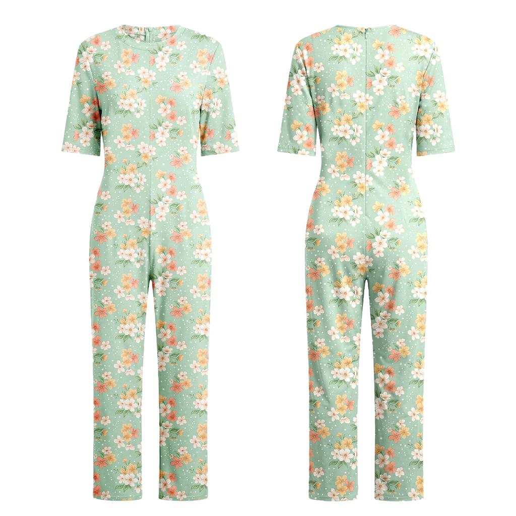 S-3XL Womens Elderly Nursing Floral Print Jumpsuit Short Sleeve Back Zipper Lounging-style Anti-strip Adaptive Rompers for Alzheimer Special Needs