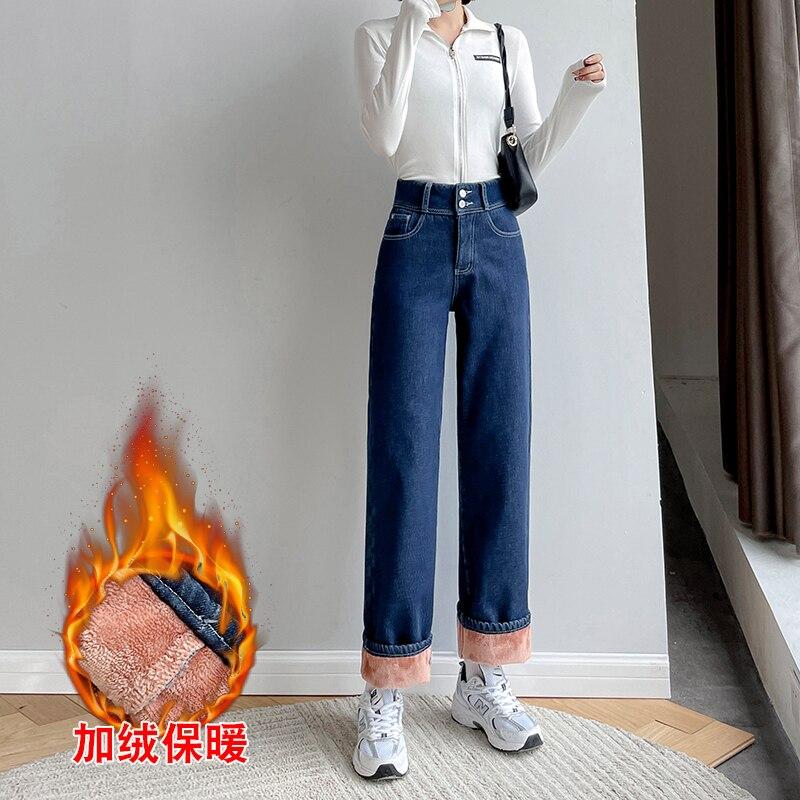 Винтажные женские джинсы с высокой талией, зимние толстые теплые уличные джинсы, широкие джинсы, женские джинсовые брюки, прямые мешковатые джинсовые брюки для мам