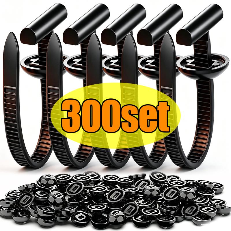 300/10Sets Nylon Cable Tie with Pin Button Buckles Heavy Duty Zip Ties Holder Design Car Body Plastic Cable Ties Fasteners Tools