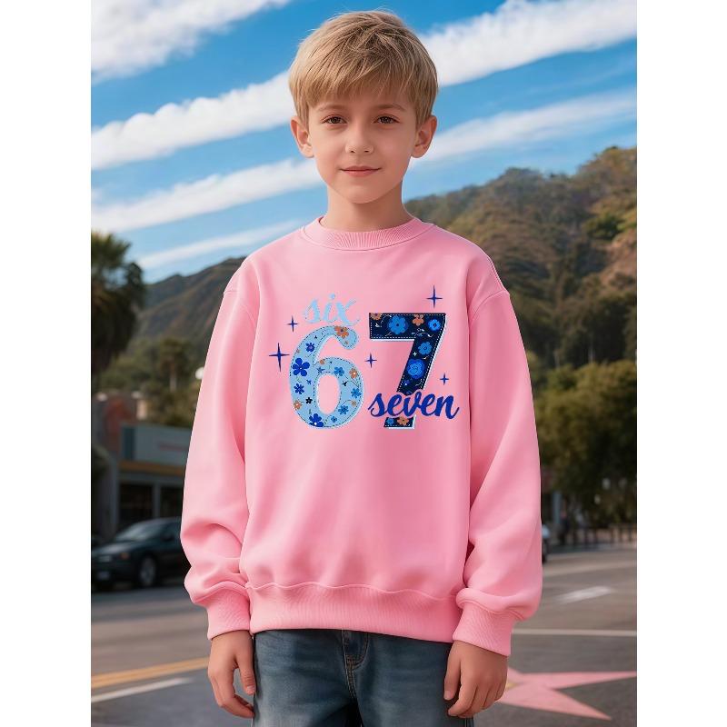 Kids Unisex Crewneck Sweatshirt, Light & Dark Blue Floral Stitch 67 Six Seven Star Print Long Sleeve Pullover, Soft Sweatshirts for Boys Girls Ages 4+