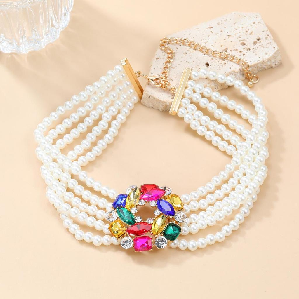 Multi-layer Imitation Pearl Necklace with Glass Diamond Flower - European & American Style Jewelry