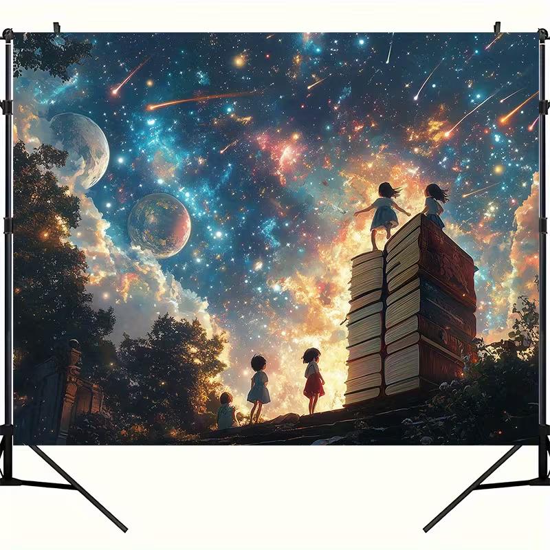 Волшебное Чтение 2D Фон, Космическое Небо и Стопка Книг Фото Фон