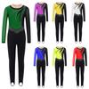 Kids Gymnastics Jumpsuit Color Block Mesh Patchwork Long Sleeve Keyhole Back Shiny Rhinestones