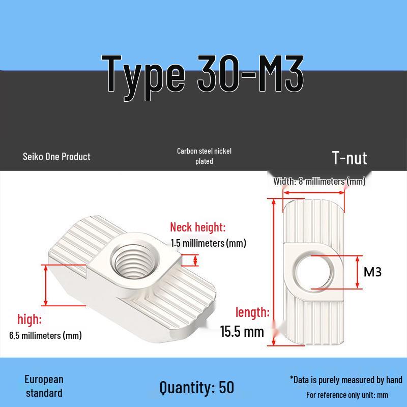 European Standard T-Slot Aluminum Profile Nuts: Wing Nuts M3-M8, Types 20/30/40/45.