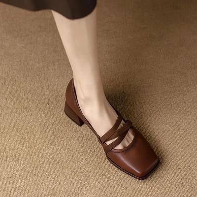 2025 Новые Весенние Женские Туфли Кожаные Туфли Мэри Джейн Квадратный Носок Массивный Каблук Женские Туфли Ретро Пряжка Средний Каблук Лодочки