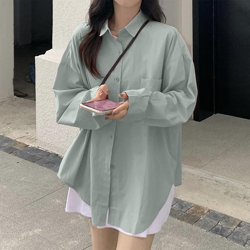 Women's Fashion Solid Color Button Pocket Long Sleeved Casual Lapel Shirt Top