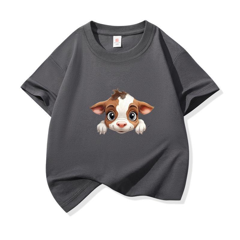 Kids Cotton T Shirt Light Brown Baby Cow Peeking Print Crew Neck Short Sleeve Tee Casual Boys Girls Summer Tops