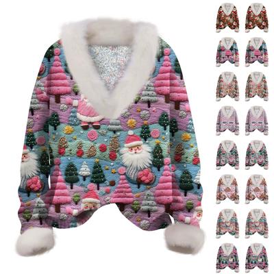 Женский пуловер с длинным рукавом и рождественским принтом, плюшевый воротник, V-образный вырез, модные топы