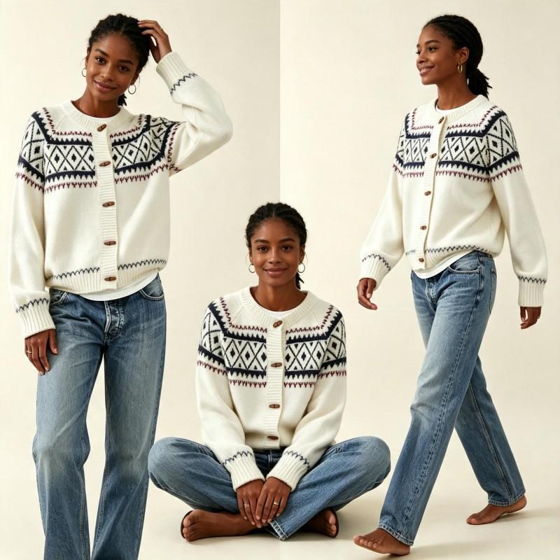 Womens Oversized Crewneck Knit Cardigan With Colorblock Geometric Acrylic Blend Loose Fit Fall Winter Sweater