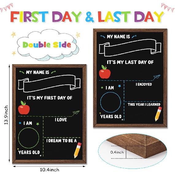 First & Last Day of School Board, 14 x 10.5 Inch Double Sided Back to School Chalkboard with Frame, Reble Wooden 1st Day of Preschool/Kindergarten