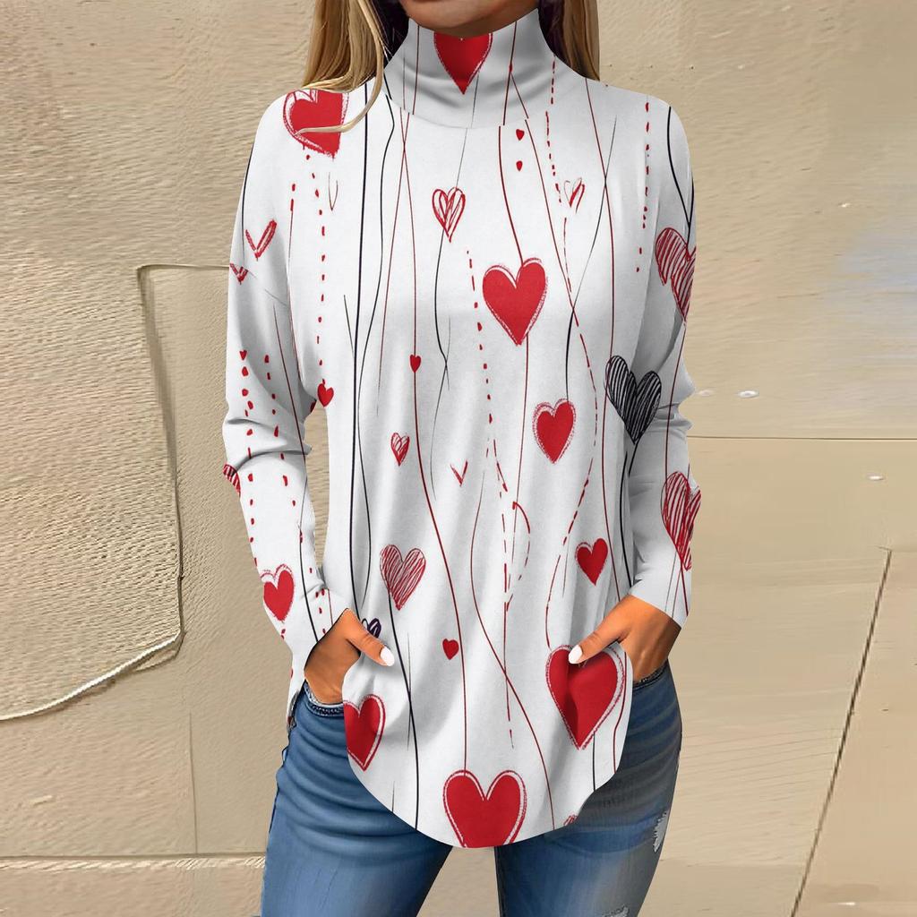 Футболки для женщин, осенние повседневные рубашки с длинным рукавом, толстовка с принтом, топ с высоким воротом, пуловер