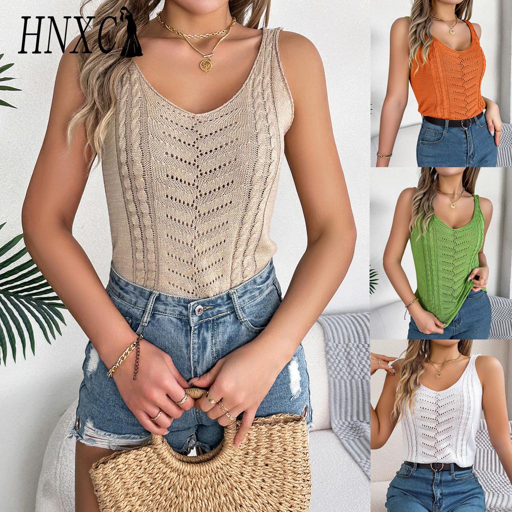 HNXC Весенне-летний повседневный однотонный топ с V-образным вырезом и вырезами, вязаный свитер для отпуска, женская одежда