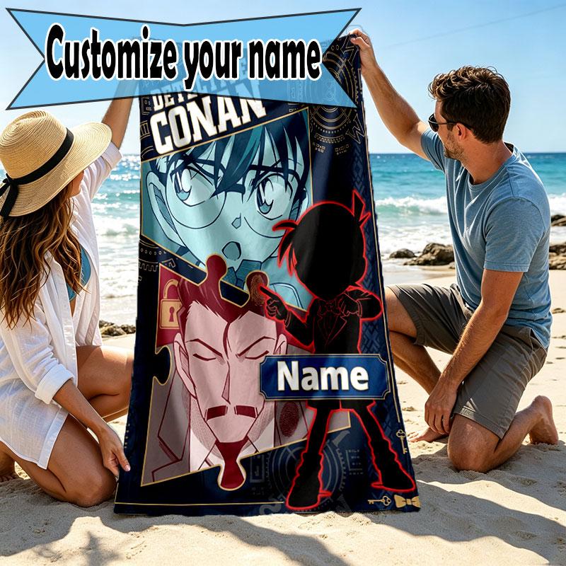 Custom Name Personalized Detective Conan Print Beach Towel, for Trip Camping Beach Party Home Decor, Birthday Gift for Family & Friends