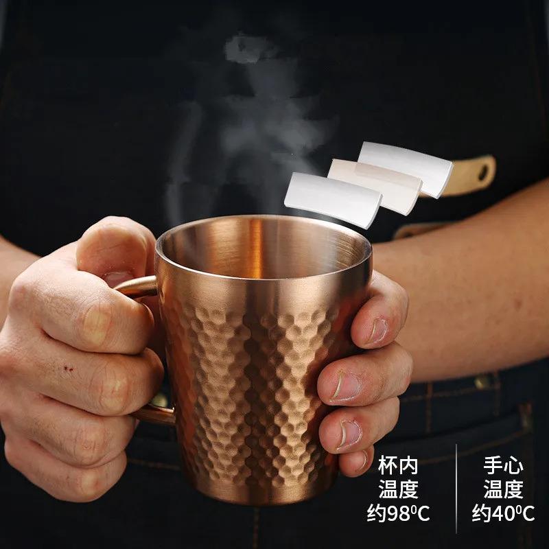 300ml Double-Layer Water Cup 304 Stainless Steel Thermal Coffee Beer Mug with Handle Gold Sliver Heat Insulation Coffee Cup