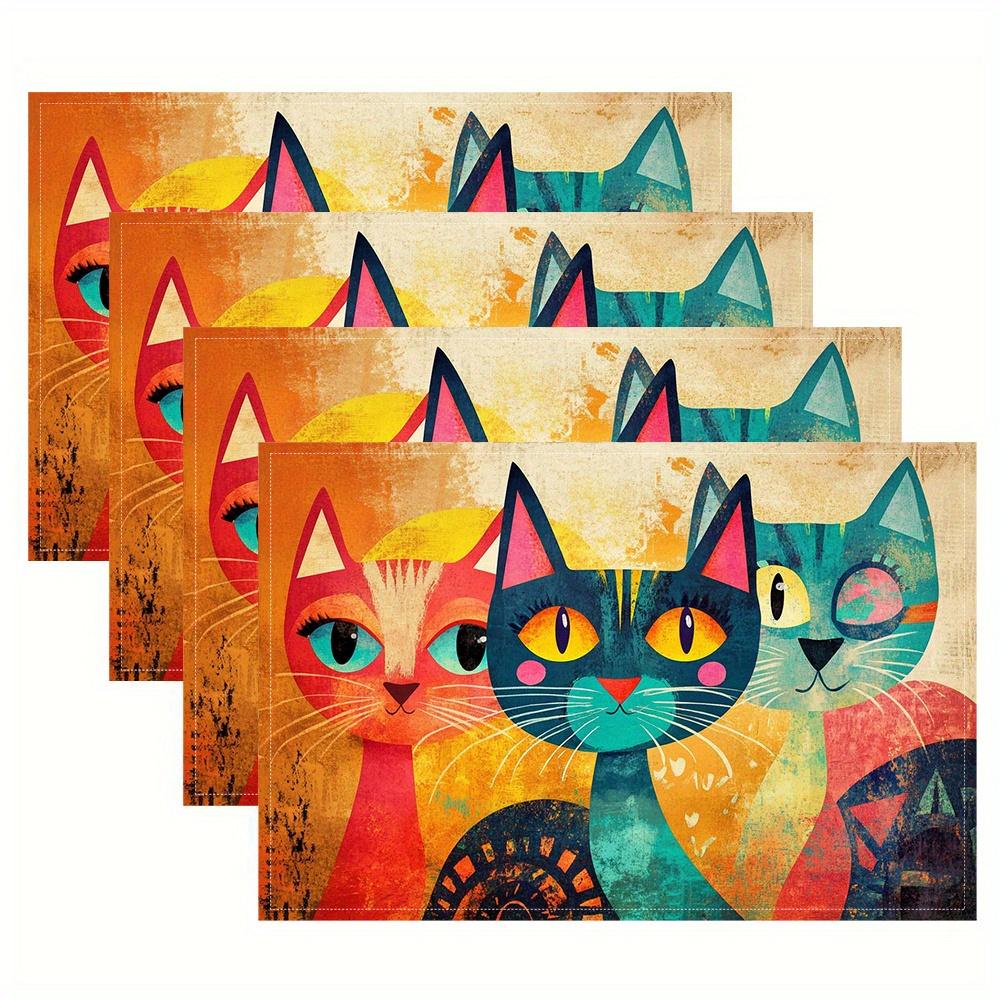 Three Colorful Cats Oil Painting Heat Resistant Washable Table Placemats Kitchen Dining Decor 4 Piece Set