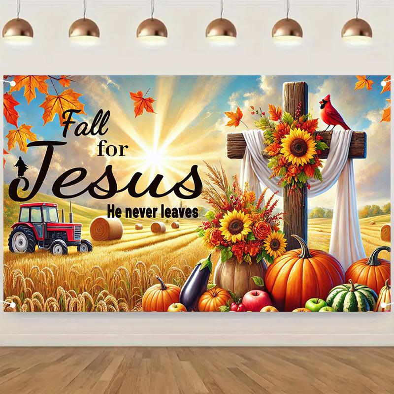 2D plane, a large autumn harvest banner featuring the theme of Jesus, with the Bible verse "Fallen for Jesus"zyc