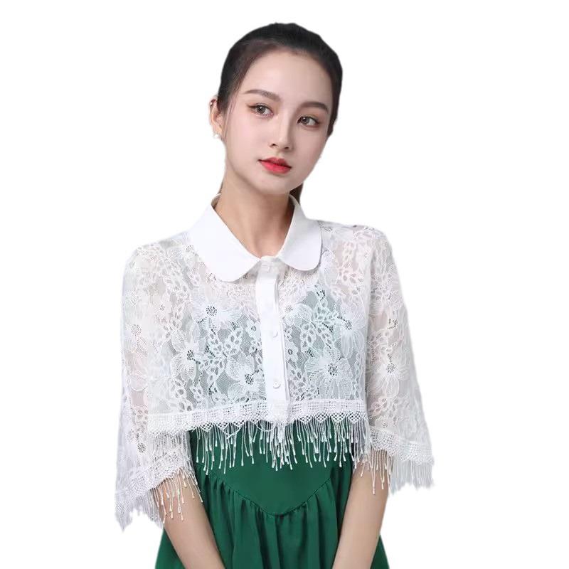 Женская короткая кружевная накидка-шаль - Универсальный тонкий летний свадебный кардиган белого цвета