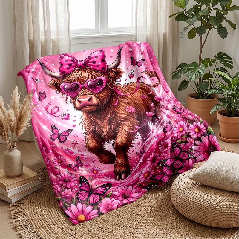 Pink Cow with Strawberry Ice Cream Theme blanket Lightweight Warm Flannel Blanket Decorative Throw Blanket for Home Decoration
