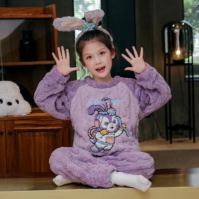 Kids Flannel Pajamas Set Boys Girls Warm Long Sleeve Top And Pants Sleepwear Winter Home Nightwear