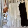 Women Cake Skirt Elastic High Waist Splicing Asymmetric Jacquard Tulle Skirt Solid