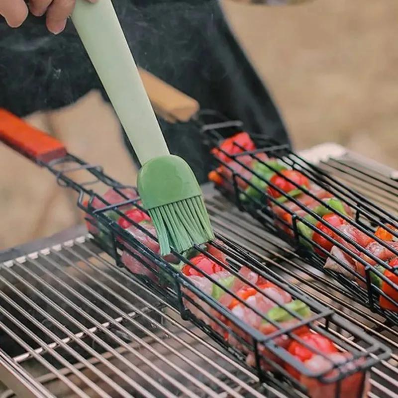 BBQ Skewers Basket Wooden Handle Barbecue Cage Outdoor Camping Barbecue Net Square Meat and Vegetable Barbecue Tube BBQ Tools