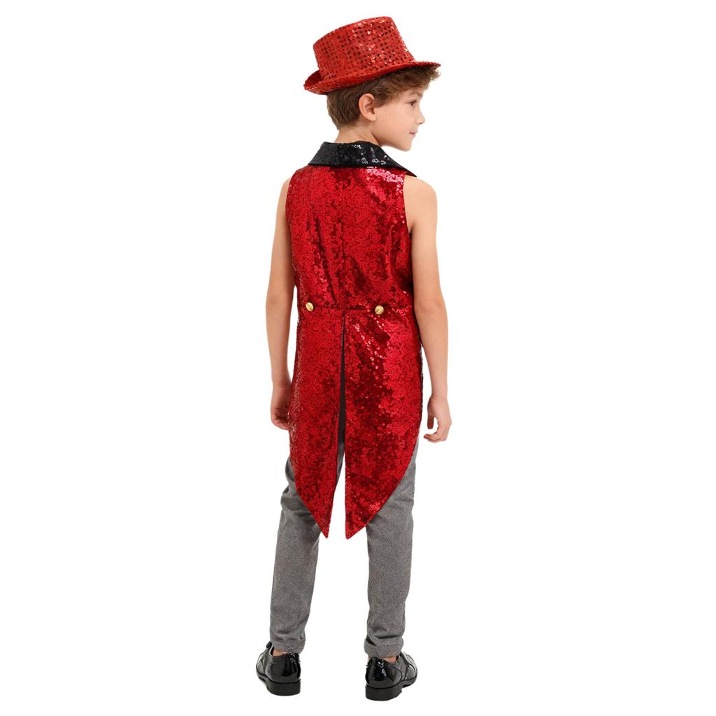 Kids Sequins Medieval Vest Victorian Tailcoat Lapel V Neck Front Zip Vest Solid Sequins Fedora Hat Circus Outfit