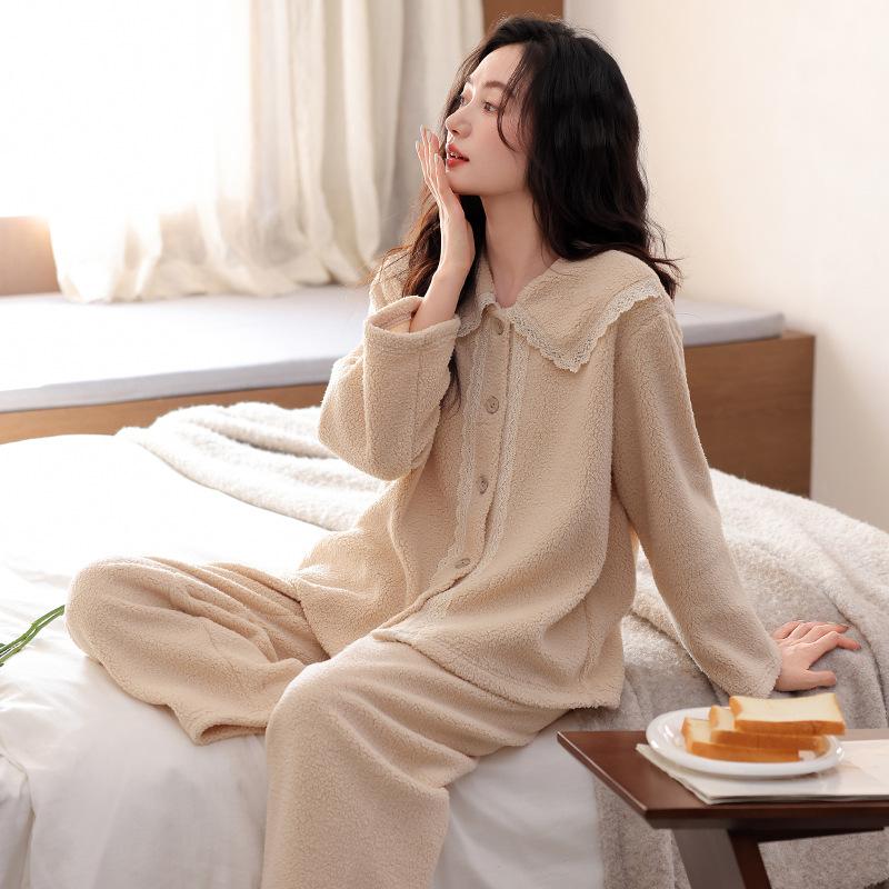 Женская пижама из кораллового флиса Осень и Зима Зимний флис Утепленный Теплый Можно носить на улице Комплект домашней одежды