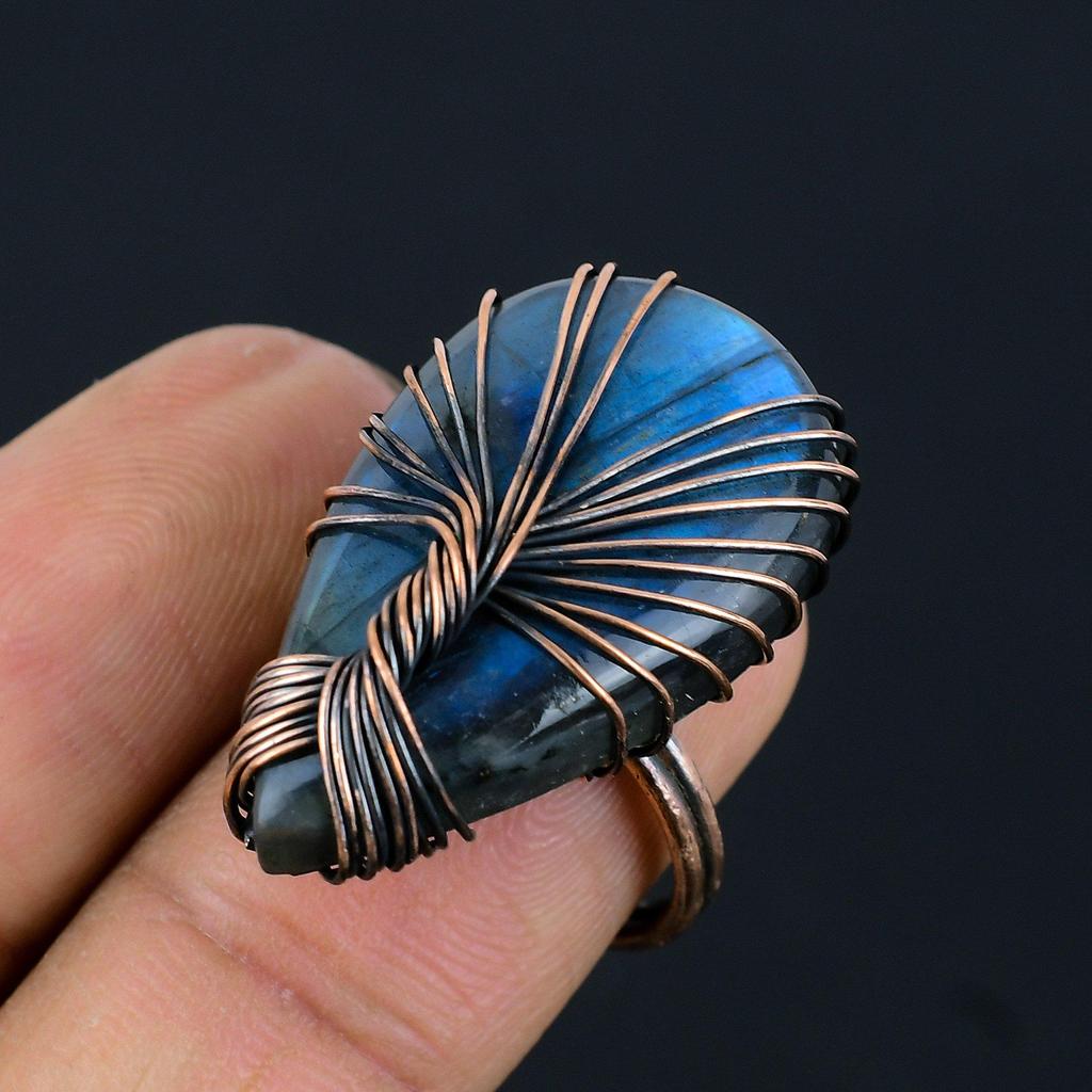Tree Of Life Labradorite Gemstone Copper Wire Wrapped Handmade Jewelry Ring For Gift