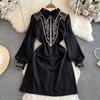 New Spring Summer Vintage Flower Embroidery Dress For Women's Long Sleeve Chic Wedding Festival Black A Line Mini Vestidos