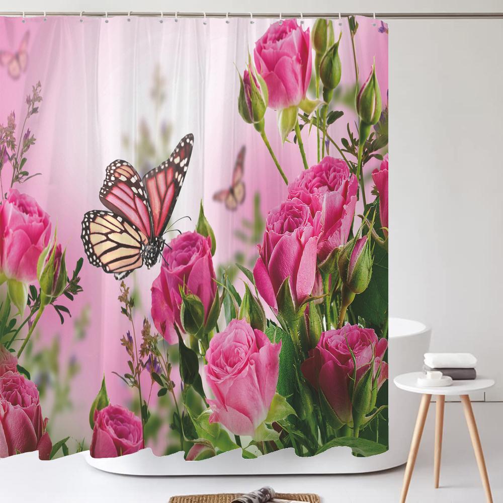 Colorful Beautiful Fresh Flowers Shower Curtain Bathroom Waterproof Polyester Butterfly 3D Print Curtains For Bathroom Shower