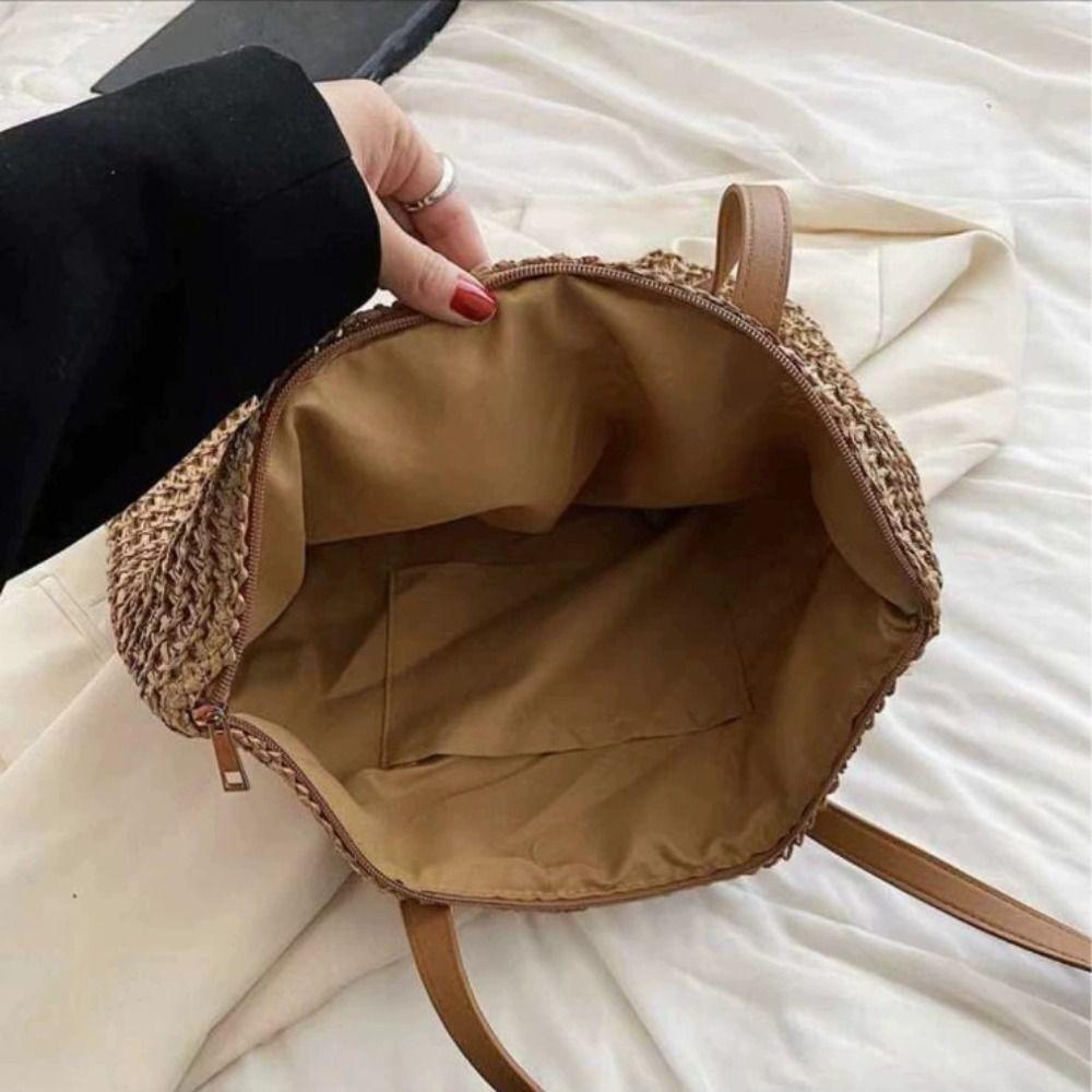 Zipper Beach Bag Bohemian Style Raffia Shoulder Bag Simple Weave Straw Tote Bag  Shopping