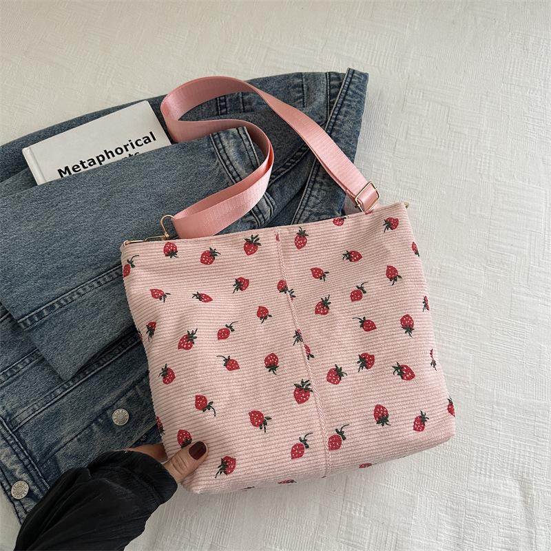 Popular Corduroy Strawberry Printed Bag Women'S Summer Shoulder Messenger Bag Bucket Bag